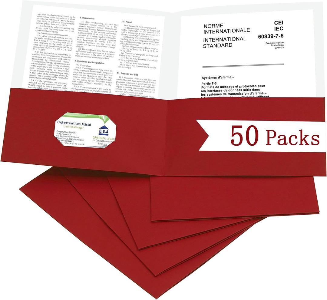 Zzrywuty 50 Packs Paper Folders with Pockets for Students,Businessmen and Office Workers,Letter Size,Two Pocket Folders with Card Slot for Office,Business, School Supplies (Red)