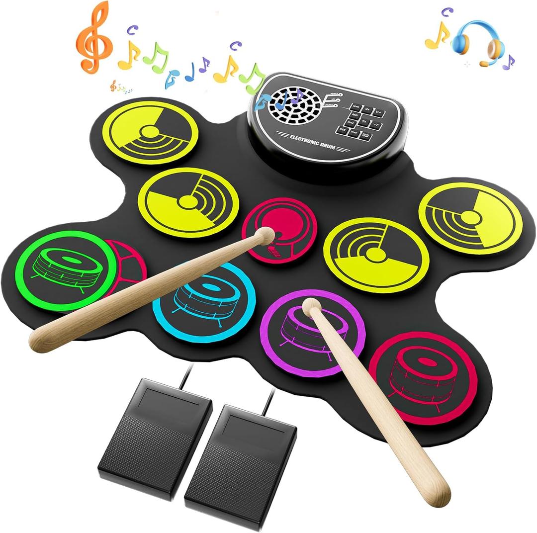 Electronic Drum Set, 10 Pads Roll-up Drum Practice Pad with Drum Pedals & Sticks, Built-in Speaker with Headphone Jack, Great Christmas & Birthday Gift for Kids (multi-colored)