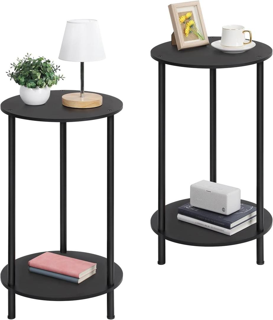LIANTRAL End Tables Set of 2, 2 Tier Small Side Table, Round Nightstand Sofa Table Coffee Table with Storage Shelves for Living Room, Bedroom, Black