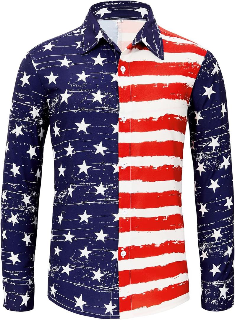 Zando Mens 70s Disco Shirt Retro Casual Button Down Disco Outfit Men Floral Vintage Long Sleeve Hip Hop Party Outfit Shirt (X-Large, American Flag)
