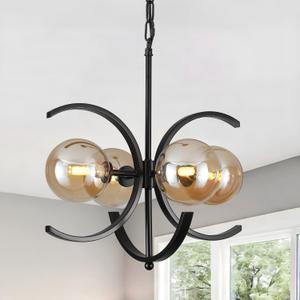 16.1" Modern Sputnik Chandelier,4-Light Black Chandelier with Glass Globe Shades,Mid Century Industrial Chandeliers Dining Room Light Fixtures,Farmhouse Chandeliers for Foyer (Amber Glass)
