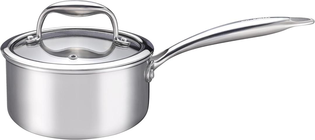 1-Quart Saucepan with Lid, Tri-Ply Stainless Steel Pot with Stay-Cool Handle & All Cooktop Compatibility (Gas, Ceramic, Electric) - Silver