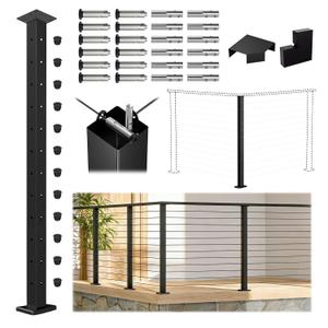 Muzata Black Corner 42 Inch Modular Cable Railing Post T-drilled One-Post Corner Solution Surface Mount Stainless Steel Cable Railing System Kit Indoor Outdoor Modular Post Kit RW44