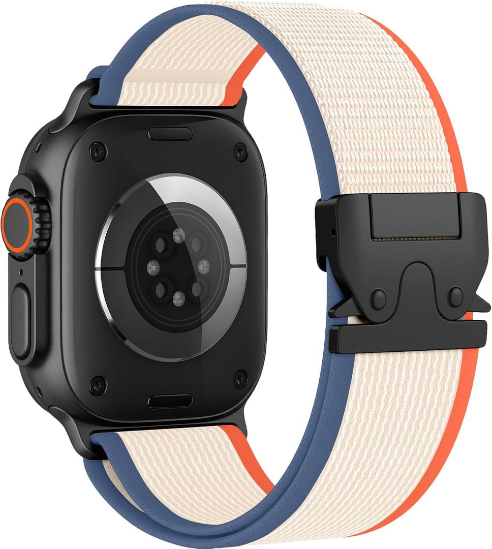 Elastic Sport Band for Apple Watch, Men Women, Adjustable Parachute Buckle Nylon Fabric Wristband for iWatch, Size: 42mm(Series 3)/49mm/46mm/45mm/44mm (Beige Orange/Black)