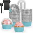 100-Pack 5 oz Mint Blue Mini Cake Pans with Lids, Disposable Aluminum Foil Baking Cups, Muffin Tins, Ramekins for Cupcakes, Brownies, Flan, Pudding - Baby Shower, Bridal Shower & Birthday Party