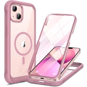 Miracase for iPhone 13 Case 6.1'',Full-Body Magnetic Clear Bumper Case with Built-in 9H Tempered Glass Screen Protector,Military Drop Protection Outdoor Phone Case,Pink