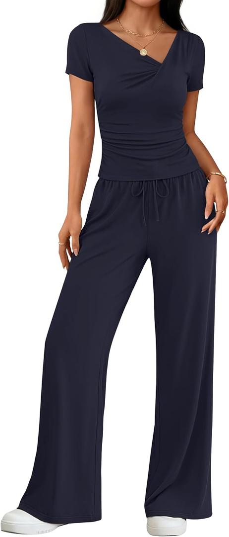 ZESICA 2 Piece Lounge Sets for Women 2026 Casual Summer Short Sleeve Ruched Top Wide Leg Pants Matching Travel Outfits (M)