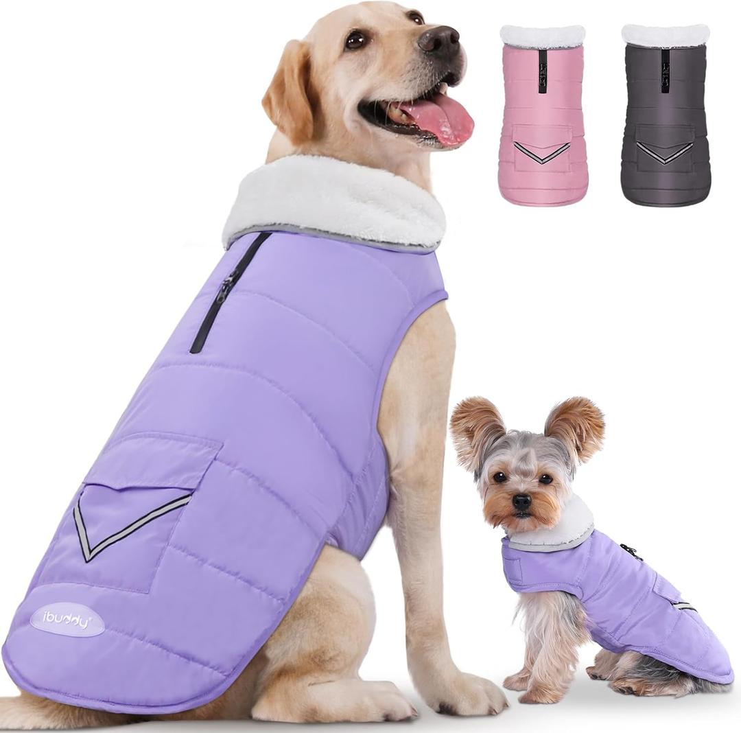 iBuddy Dog Winter Coat for X-Large Dogs, Easy on Dog Snow Fleece Coat Velcro Waterproof Pet Puffer Jacket with Harness Hole Adjustable Reflective Quilted Pet Cold Weather Vest for Girl Female (Purple)