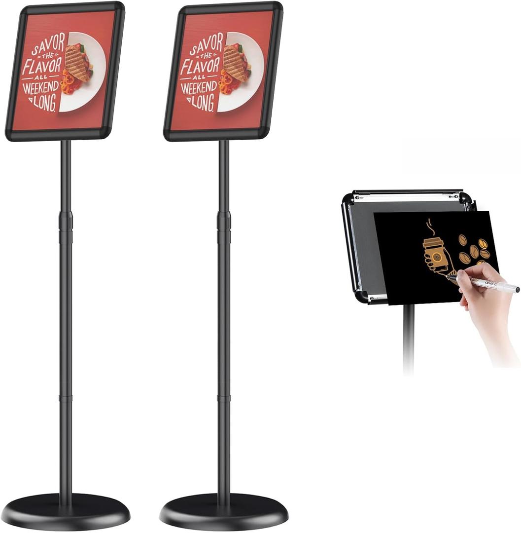 Adjustable Pedestal Floor Stand Sign Holder for 8.5 x 11 inches Poster, Snap open frame, Outdoor Indoor Standing Display Sign Holders. (2 Pack)