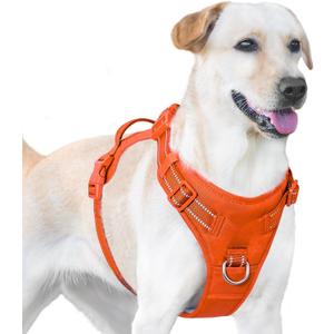 No Pull Dog Harness Front Clip Handle, Reflective Pupppy Vest | Orange L, Lockable Buckle at Neck, Adjustable, Padded, Breathable, Metal Front & Back Leash Clips, for Large Sized Dogs