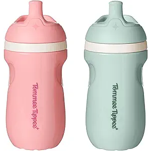 Tommee Tippee Insulated 9oz Sporty Spout Toddler Water Bottle, No Spill Sippy Cups for Toddlers 13, TwoPiece Valve Helps Stop Spills, BPA Free, Pink and Mint, Pack of 2