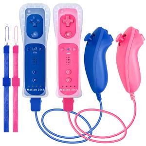 DTianSir 2Pack Motion Plus Wii Remote Controllers with Nunchucks,Wii Remote Controllers with Built in Motion Plus Compatible for Wii U Consoles(Pink&Blue)