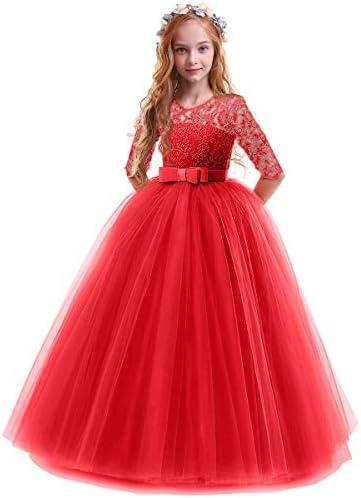Girls Flower Vintage Floral Lace 3/4 Sleeves Floor Length Dress Wedding Party Evening Formal Pegeant Dance Gown, Size 140