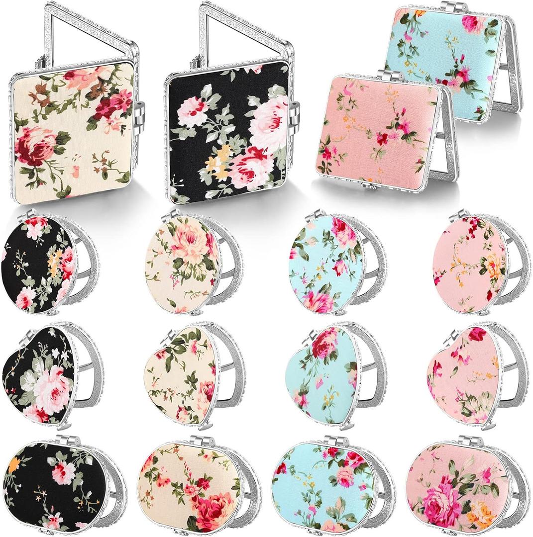 Blulu 16 Pcs Compact Mirrors for Purse Bulk Small Flower Pocket Mirror Vintage Portable Floral Folding Tea Party Favors Return Gifts for Women Birthday Wedding Mother Day Makeup Travel(Silver Edge)