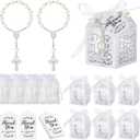 100 Pieces Baptism Favors Set Includes 25 Pieces Mini Rosary, Laser Cut Baptism Favor Boxes, White Organza Bags and 25 Pcs Thank You Tags for Bautizo Recuerdos Christening Wedding Party Supplies (Silver)