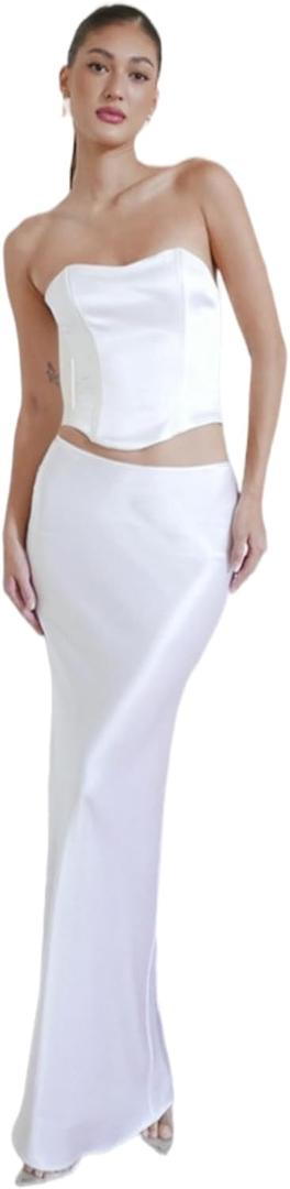 Womens Satin Silky High Waist Maxi Skirt Elegant Flowy A Line Long Skirt Zipper Bodycon Mermaid Skirt (White) L
