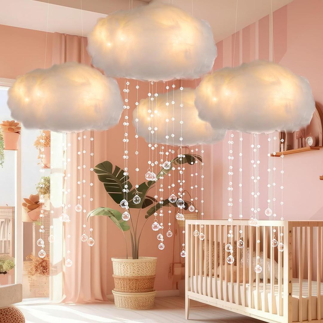 Marsui Artificial Cloud Props Imitation 3D Cotton Cloud Ceiling Light Hanging Decorations with Hanging Acrylic Raindrop for Room Ceiling Wall Baby Shower Party Wedding Nursery Classroom Decor(4 Pcs)