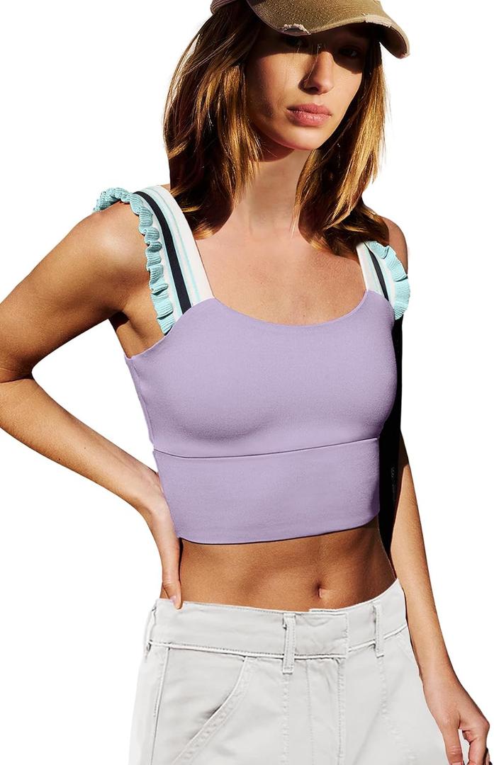 LAMISSCHE Womens Cropped Workout Tank Tops Padded Sports Bra Time Out Tank Ruffle Athletic Yoga Gym Camisole Tops (Purple, XS)