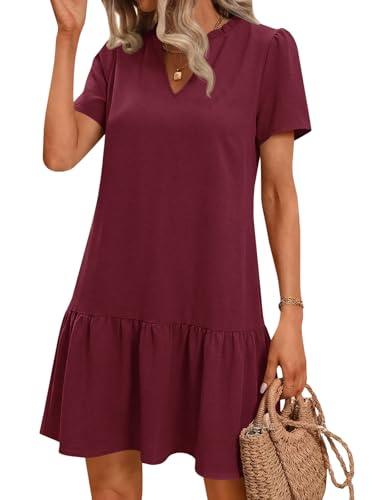 Wenrine Womens Casual Mini Dress Short Sleeve V Neck Drop Waist Ruffle Loose Summer Dresses with Pockets Burgundy S