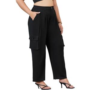 DGD Women's Plus Size High Waisted Cargo Dress Pants - 4-Way Stretch Office Trousers with Elastic Waist & Utility Pockets, 4XL, Black