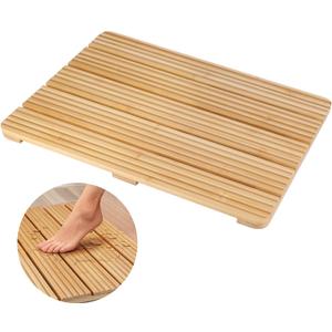 Atsuwell Bamboo Bath Mat for Bathroom Floor, Non-Slip Bamboo Shower Mat with Wave Texture and Wide Base Pads, Natural Bathroom Floor Mat for Indoor & Outdoor Use, Fits Standard Showers, 19.7" x 14.2"