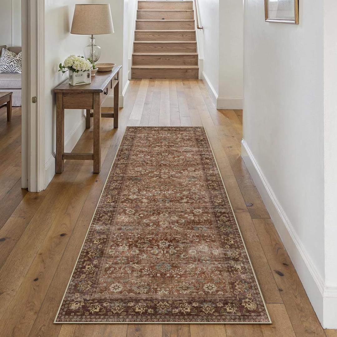 HUGEAR 2x6 Runner Rug Machine Washable Brick Red Hallway Area Rugs Indoor Accent Rugs Floral Low Pile Carpet Distressed Throw Rug Bedroom Living Room Office Dining Kitchen Laundry Non Slip