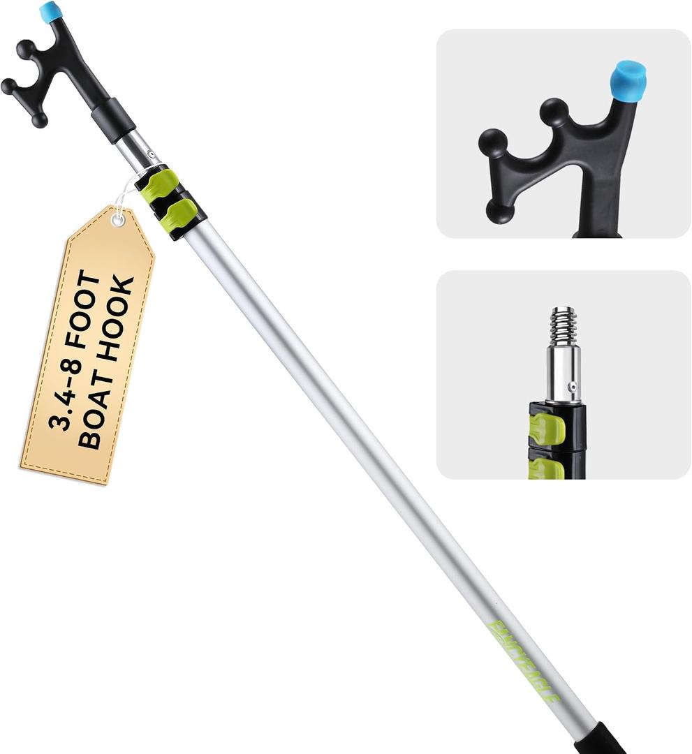 3.48 FT Telescoping Aluminum Boat Hook for Docking, Non-Slip Rubber Tip, 3-Stage Floating Lightweight Sturdy Push-Pull Pole, Scratch-Resistant Rustproof, Standard 3/4" Threaded End, 8 Ft Pole With Boat Hooks