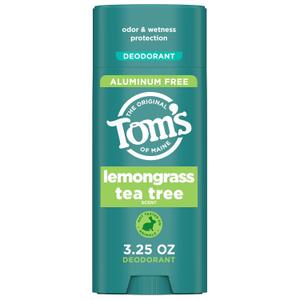 Toms of Maine Lemongrass Tea Tree Aluminum Free Natural Deodorant For Women & Men | Goes on Clear | Odor & Wetness Protection | Naturally Derived and Moisture-Locking Ingredients | 3.25 oz, (Pack of 1)