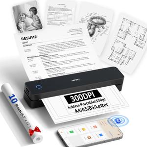 Inkless Portable Printer for Travel, Wireless Thermal Printer Supports 8.5 x 11" US Letter, A4, MT610Pro 300DPI Small Bluetooth Printers Compatible with iOS Android Laptop for Home Office Car, Black