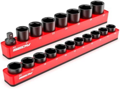 2-Piece 3/8"-Drive SAE Magnetic Socket Organizer Set (Holds 26 Sockets) - Detachable Tool Tray with 5mm Magnetic Base, Screw-Fixed Design & Heavy-Duty Modular Storage for Garage/Home Workshop