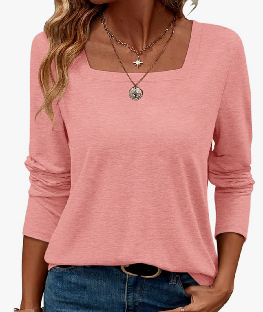TICTICMIMI Women's Square Neck Long Sleeve Tops Casual T Shirts Loose Fit Lightweight Tunic Blouse Shirts Size XXL