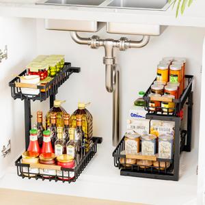 Under Sink Organizers, 2 Tier Pull Out Under Cabinet OrganizerHeight Adjustable Pull Out Cabinet Drawers, Metal Sliding Drawer for Kitchen Bathroom Pantry Cabinet Closet Organization Rack2 Packs