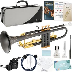Kmise Bb Standard Trumpet, Premium Brass Trumpets for Student Beginner, Trumpet Instrument Set with Upgraded Case, 7C Mouthpiece, Mute, Beginner's Guide Kit, Cleaning Kit (Black & Gold)