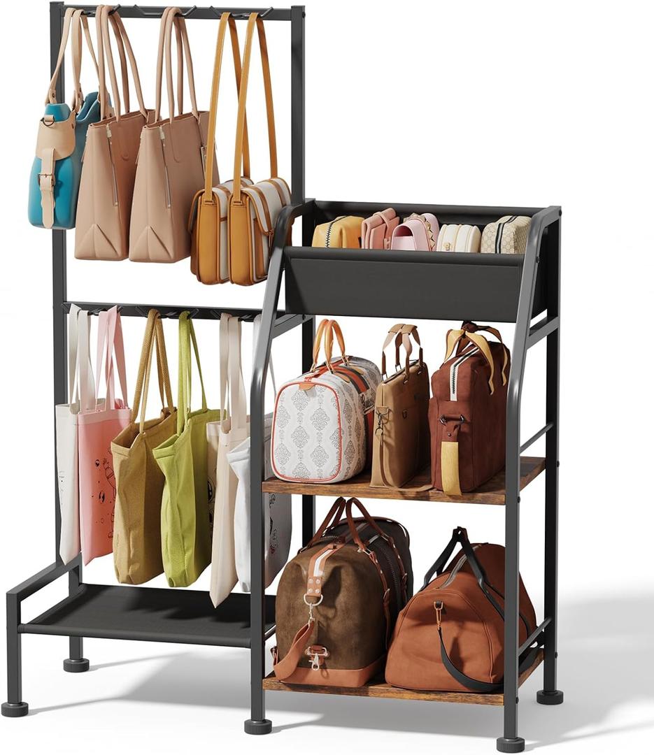 Purse Organizer for Women - 3-Tier Storage Stand & 12 Fixed Hooks, Visible Backpack Storage, Space-Saving Bag Organizer Rack for Home, Closet, Black