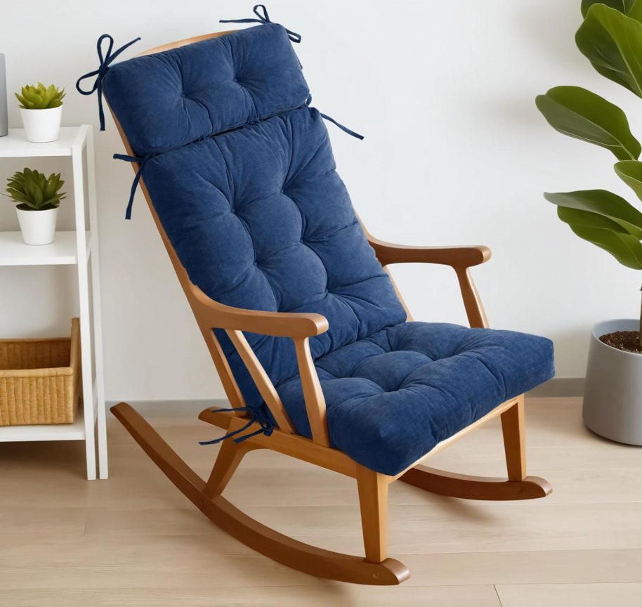 Millsilo Rocking Chair Cushions for Indoor Rocker, Comfortable Chenille Tufted Non-Slip Rocking Chair Pads with Ties for Adirondack, Glider Chair Rocker Replacement Cushions, Navy, 52"x19"x4"