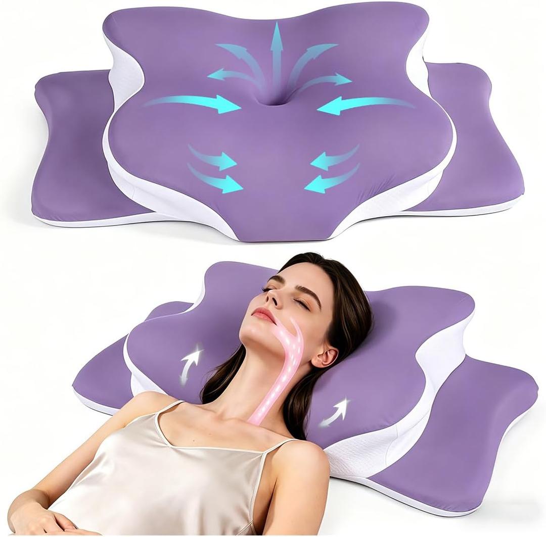 Cervical Pillow for Neck Pain Relief, Hollow Design Odorless Memory Foam Pillows with Cooling Case, Adjustable Orthopedic Bed Pillow for Sleeping, Support for Side Back Sleepers (Purple), Queen
