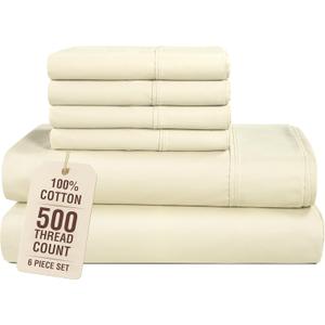 Casa Platino 100% Cotton Sheets Full Size, 6 Piece Sheet Set with 500 Thread Count Silky Smooth Sateen Finish, Lightweight and Durable Full Size Sheet Set with 15 Inch Deep Pocket Fitted Sheet Ivory