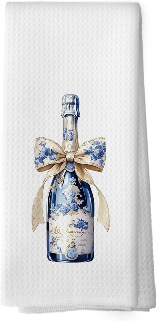Chinoiserie Porcelain Champagne Kitchen Dish Towels, Blue and White Ribbon Floral Bottle Gifts for Wine Lovers, Trendy Bow Hand Towels Kitchen Bathroom Bar Tea Towels Decorations, 16x24inch