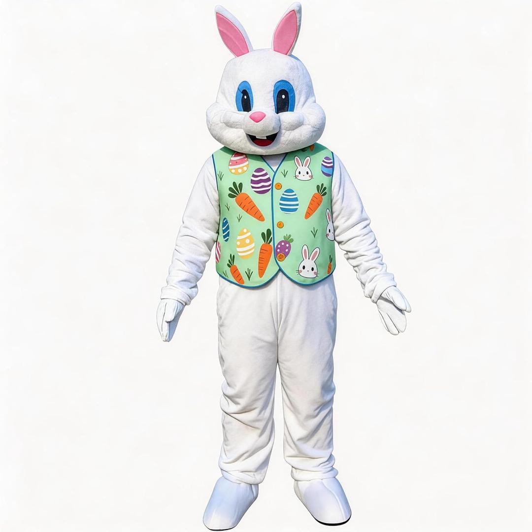 Easter Bunny Mascot Costume Blue Vest Unisex Deluxe Rabbit Costume Party Adult Size Fancy Dress