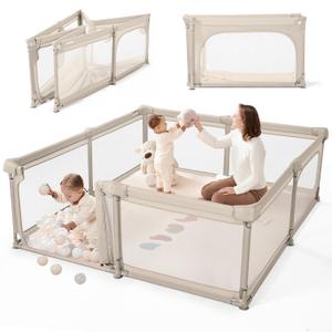 Sweeby Baby Playpen, 79x71 Inch Foldable Playpens for Babies and Toddlers with Gate, Extra Large Playpen with Door Play Yard for Baby Fence Indoor and Outdoor Portable Play Pen, Beige