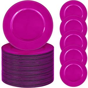 50 Pcs Hot Pink Charger Plates Bulk, 13" Round Beaded Plate Chargers, Decorative Dinner Chargers Plastic Table Charger for Wedding Holiday Party Baby Shower Event Decoration, Hot Pink