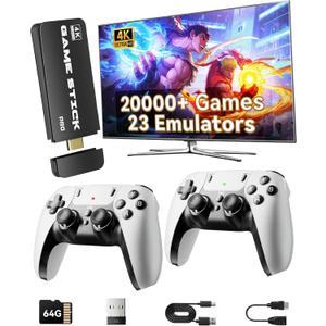 2025 Retro Gaming Console Pro 4K HDMI with 20,000+ Built-in Classic Video Games, Retro Game Stick with 23 Emulators Plug & Play TV Video Gaming Stick with 64GB Memory (Transparent Black)