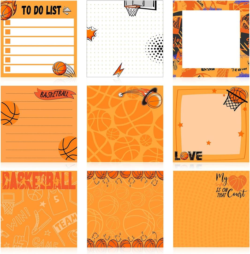 Thenshop 9 Pads Sport Sticky Notes Ball Self Stick Notepads 3x3 Inches Notes Cute Adhesive Memo Pad Gifts for Office Sports Birthday Party Favors(Basketball)