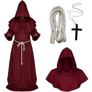 Medieval Monk Robe Priest Robe Halloween Cosplay Costume Cloak (Medium, Red)