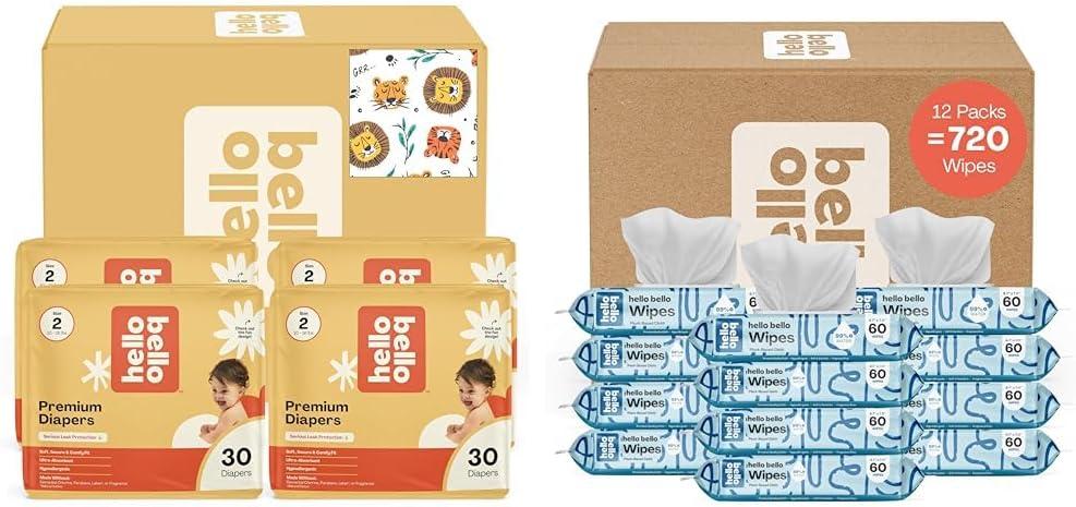 Hello Bello Diapers, Size 2 (10-16 lbs) Wild Cats, 120 Count Value Pack of Premium Disposable Baby Diapers, Hypoallergenic with Soft, Cloth-Like Feel + Extra Gentle Unscented Baby Wipes, 720 Count