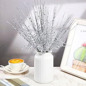 Xinnun 30 Pcs Christmas Glitter Picks and Sprays for Christmas Tree Curly Berry 14 Inch Artificial Curly Stem Branches Stick Ornament for Xmas Wreath Vase Fillers Gifts Home Decoration(Silver)