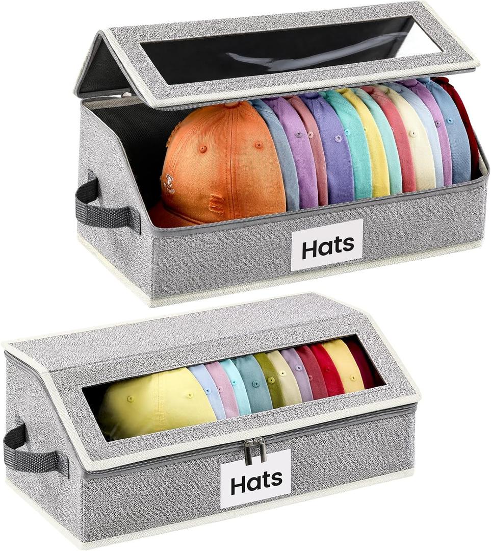 Hat Organizer for Baseball Caps, 2-Pack Stackable Hat Storage Box Holds 30 Caps, Foldable Cardboard Holder with Clear Dust-Proof Window for Closet, Grey
