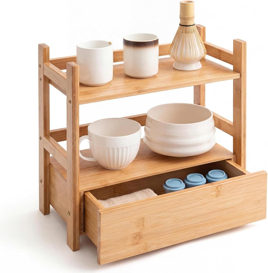 Chunful 2 Tier Matcha Station Bamboo Organizer with Hidden Drawer, Wood Home Coffee Station Organizer for Kitchen Countertops, Coffee Bars, Kitchen & Office Storage(13 L x 6.5 W x 12.6 H)(Natural)