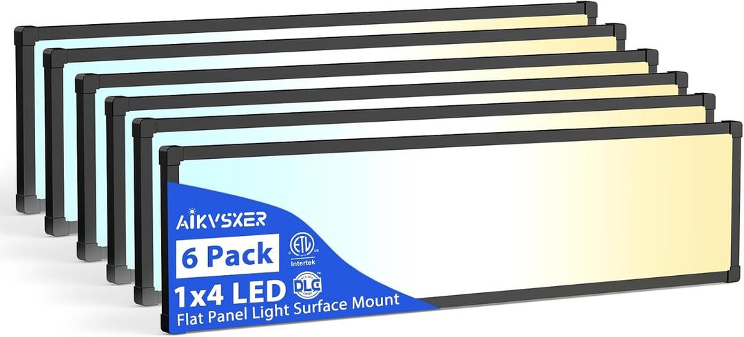 AIKVSXER 6Pack 1x4 LED Flat Panel Light, 6500LM Ultra-Bright, 30-50W Black | 3000K-6500K Adjustable, 0-10V Dimming, AC120-277V, Slim Surface Mount Ceiling Light for Office, Home, Garage