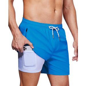 Alimens & Gentle Mens Swim Trunks 5" with Compression Linner Swim Shorts with Zipper Pocket Quick Dry Board Shorts for Men (Large, Blue)